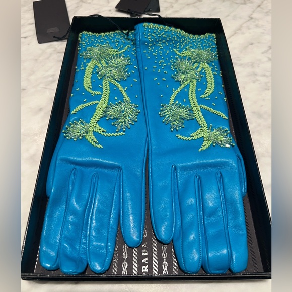 NWT PRADA Lamb Leather Long Embellished Gloves in box size 7.5 - Picture 2 of 11